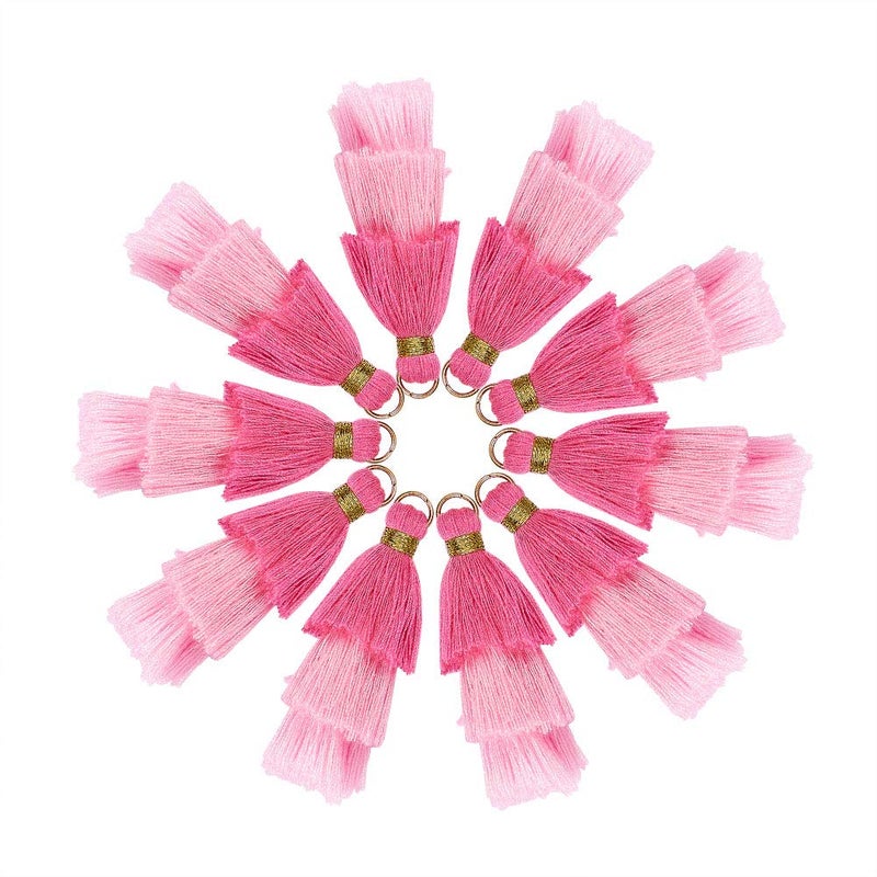 NBEADS 20 Pcs Pink Polyester Tassel Pendants, Tri-Layered Tassels with Gold Jump Ring for DIY Projects, Jewelry Making, Decoration, Bookmarks - Image 1